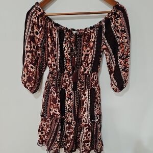 Justify Brown and White Smocked Off-Shoulder Mini Dress